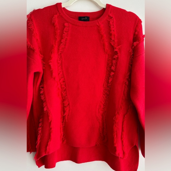 ontwelfth Red Fringey Sweater, Bright Red Knit Crewneck Sweater, Size Medium - Picture 3 of 16